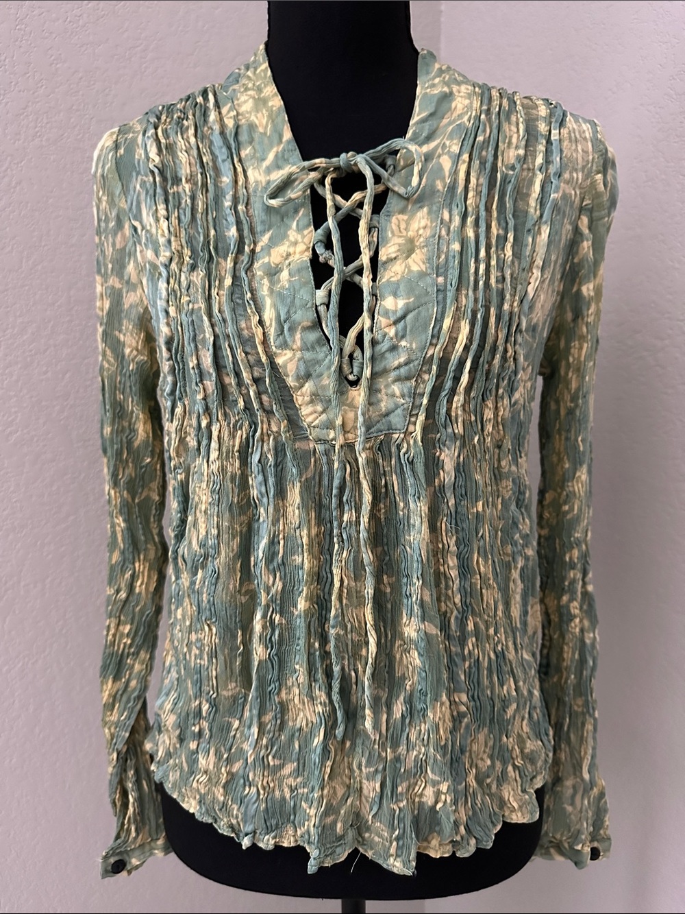rag & bone Sage Green and Cream Crinkle Lace-Up Peasant Blouse